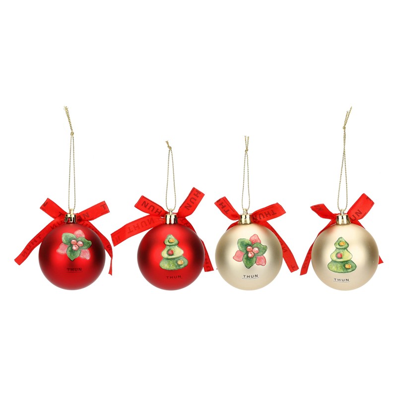 THUN, Set of 4 Christmas Baubles Red and Gold Polyester,