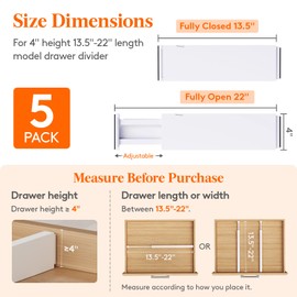 Lifewit 5 Pack 4" High Drawer Dividers 34-56cm/13.5-22" Adjustable Drawer Organizer for Clothes/Utensils, Expandable Drawer Separator in Dresser/Kitchen/Bedroom/Office Organization & Storage White
