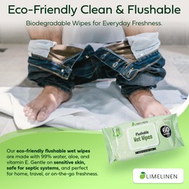 LimeLinen Flushable Wipes 100% Plant-Based, Alcohol-Free, Hypoallergenic, pH-Balanced | Flushable & Septic-Safe, Resealable 60-Count Value Pack (24-Pack 1440 Wipes)