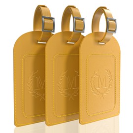 FESAS 3 Pack A-Z Alphabet Luggage Tags - Faux Leather Suitcase Tags with Privacy Cover & Replaceable Card - Initial Letter Monogram for Bags (Yellow)