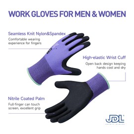 JDL Safety Work Gloves MicroFoam Nitrile Coated 12 Pairs, Seamless Knit Nylon Gloves with Touchscreen Fingers, Non-slip Working Glove for Women Men, Ideal for Gardening General Purpose, Purple X-Large