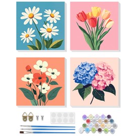 DOMROM Paint by Number for Adults Framed Canvas, 4 Pack Paint by Number Kits Flowers Arts and Crafts for Beginner, Easy DIY Daisy Tulip Hydrangea Acrylic Oil Painting Number Kit for Home Decor(8X8in)