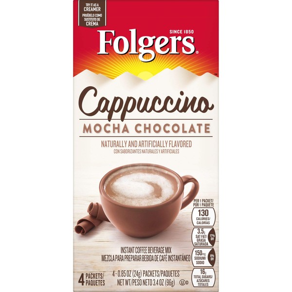 Folgers Cappuccino Mocha Chocolate Instant Coffee Beverage Mix, 32 Single Serve Packets