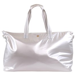 White Duffle Bag With Top Zipper And Striped Handles - Simply Southern
