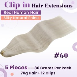 LaaVoo Blonde Clip-In Real Hair Extensions, Real Hair, Platinum Blonde #60, 30 cm, 80 g, 5 Pieces