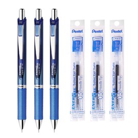 EnerGel Pentel Retractable Liquid Gel Pen, 0.5mm, Blue Ink, Blue Body, 3 Pens & 3 Ink Refills