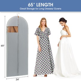 Perber Perber Dress Bags for Gowns, 65' Long Garment Bags for Hanging Clothes, Dress Garment Bag, Grey Dress Cover with Clear Window for Dresses, Coats, Uniforms - 5 Pack