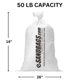 eSANDBAGS. Heavy Duty Sandbags with Tie Strings | Empty Woven Polypropylene Bags for Flood Control, UV Resistant, 50 lb Capacity, 14x26 inches, (250 empty eSandbags)