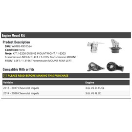 Engine Motor Mount and Transmission Mount Kit - 4-Piece - Compatible with 2014-2020 Chevy Impala 3.6L V6