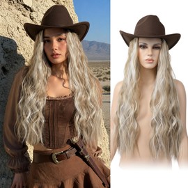 Cowboy Hat Wig for Women, Brown Hat with 22 Inch Wavy Hair Attached, Western Wig Hat for Country Concert Rodeo Halloween Costume Party - Light Golden Blonde with White Blonde