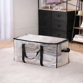OHS Extra Large Storage Bag with Zip, Heavy-Duty Waterproof Organiser with Handles & Tag Pocket For Moving Clothes & Bedding Foldable Reusable Laundry Bag, Clear - 74x33x36cm