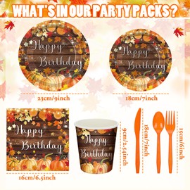 Sunnychicc 168 Pcs Fall Birthday Decorations Autumn Themed Party Supplies Maple Leaves Pumpkin Tableware Set Disposable Paper Plates Cups Utensils for Birthday Baby Shower Party Serve 24