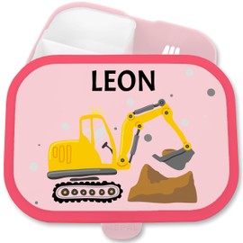 Children's Campus for Mepal - Lunch Box Digger with Name I Digger Driver I Digger Fan Construction Machine - 750 ml - Pink - Nursery Storage Box Compartments Construction Vehicles Motif