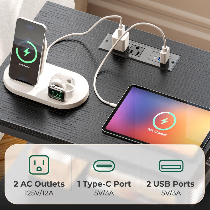 Huuger Night Stand with Charger Station and LED Lights, 2