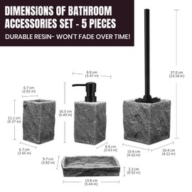 OMEPAX Bathroom Accessories Set - Soap Dispenser, Toothbrush Holder, Soap Dish, Toilet Brush & Toilet Brush Holder - Stone Finish Bathroom Organizer - Grey Bathroom Accessories Set