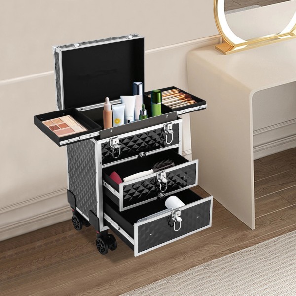 Unbranded Professional Rolling Makeup Case Cosmetic Organizer with 360° Rotatable