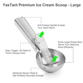 YasTant Premium Stainless Steel Ice Cream Scoop with Trigger Ice Cream Scooper Dishwasher Safe, Heavy Duty Metal Icecream Scoop Spoon with Anti-Freeze Handle, Perfect for Gelato