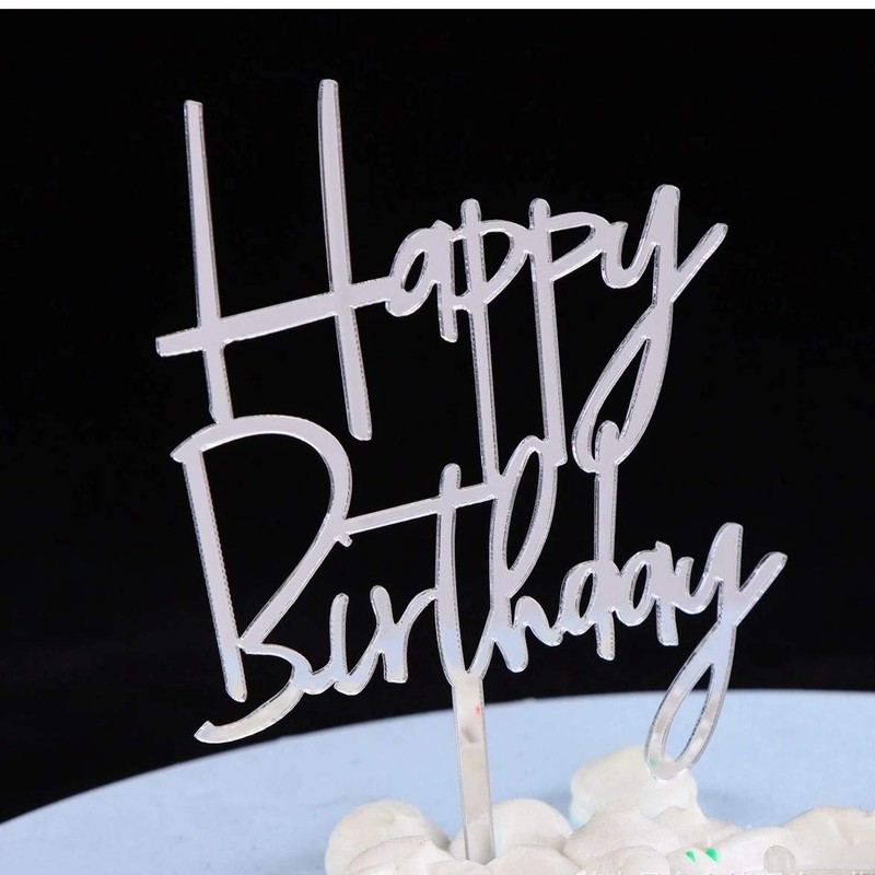 Decoración acrílica para tartas de feliz cumpleaños (espejo plateado)