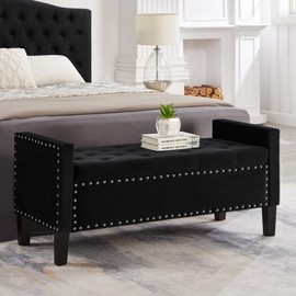 ACQCA Velvet Storage Ottoman with Armrests, Upholstered Button Tufted Entryway Bench with Nails Trim for Bedroom End of Bed, Living Room,Black