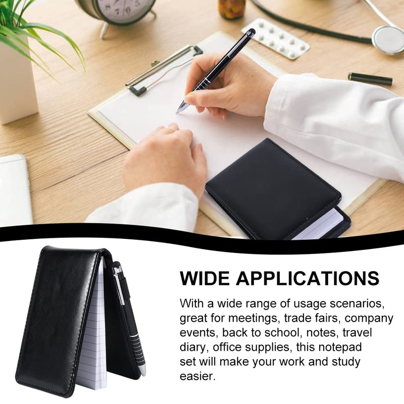 Mini Pocket Notebook, A7 Leather Notebook with Metal Pens, Holder