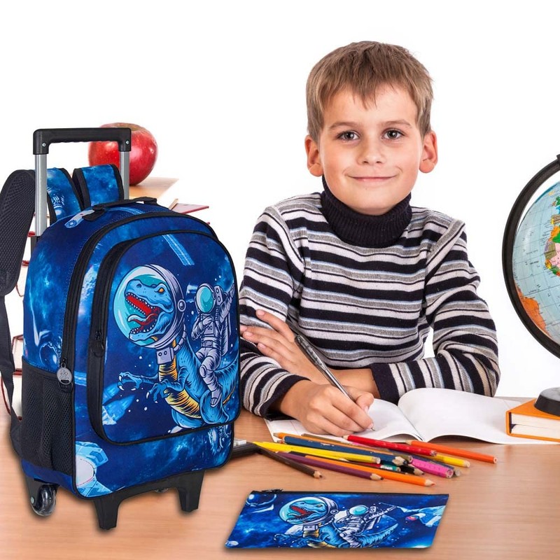 UFNDC 3PCS Rolling Backpack for Boys, Kids Dinosaur Wheeled Bookbag，Travel