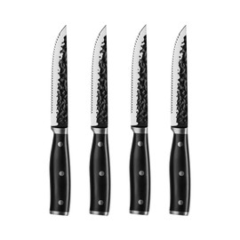 Orgreenic Hammered High Carbon Steel Steak Knives set- Non-Stick Tsuchimi Blade Texture, Ergonomic Handle, Professional Sharpness for Precision Cutting - Includes Chef, Bread and Utility