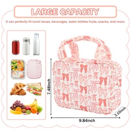 ISTOOLCO Lunch Box for Women, Bow Lunch Box, Pink Bow Lunchbox, Reusable Leakproof Cooler Bag, Picnic Food Container, Zipper Closure, Lunches Tote Bags for Travel Work and Picnic