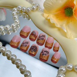 24Pcs Thanksgiving Fake Nails French Tip Press on Nails Short Square False Nails Turkey Pizza Design Cute Glue on Nails Fall Press ons Artificial Gold Glitter Tip Acrylic Nail Holiday Stick on Nail