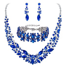BriLove Wedding Bridal Necklace Earrings Bracelet Jewelry for Women Austrian Crystal Marquise Cluster Collar Necklace Dangle Earrings Link Bracelet Set Royal Blue Silver-Tone