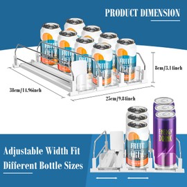 asika Drink Organizer for Fridge, Adjustable Width Soda Can Dispenser for Refrigerator Organizers and Storage, 3 Rows Beer Bottle Beverage Holder with Pusher Glide (14.96" D, White)