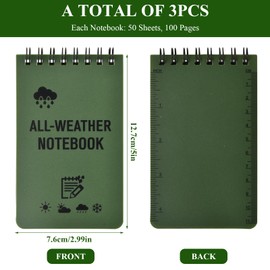3 Stück Wasserdichtes Notizbuch, Allwetter-Notizblöcke mit Top-Spirale, Wasserdichtes Allwetter-Notizbuch, 100 Seiten, 50 Blatt, Einband Grün, Pocket Notizbuch 7.6x12.7cm, für Outdoor-Aktivitäten