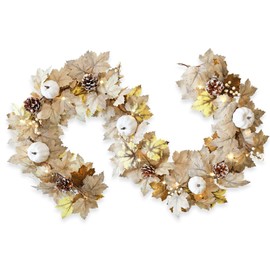 Fall Garland with Lights, 6Ft Fall Maple Leaf Pumpkins Berry Pine Cone Garland Fall Decorations for Home Thanksgiving Autumn Harvest Mantel Porch Table Door Decor, White