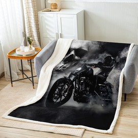 Homewish Black Motorcycle Rider Thrown Blanket Gray Skull and Mist Decor Bed Throws Extreme Sport for Boys Teens Men Soft Polyester Flannel Fleece Blanket for Couch Sofa, Throw Size (50 x 60 Inches)