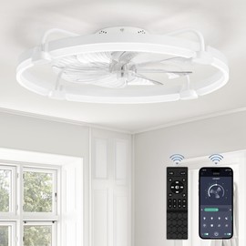 LEDIARY Ceiling Fans with Lights and Remote, 24'' Low Profile Ceiling Fan with Light, 3000-6000K Dimmable Fandelier LED Fan Light, 6 Wind Speeds, White Modern Flush Mount Ceiling Fan for Bedroom