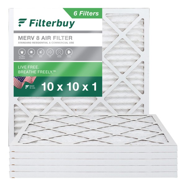 Filterbuy 10x10x1 Air Filter MERV 8 Dust Defense (6-Pack), Pleated HVAC AC Furnace Air Filters Replacement (Actual Size: 9.50 x 9.50 x 0.75 Inches)