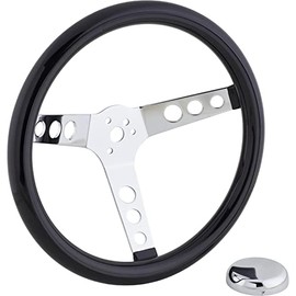 Speedway Classic 13 Inch Black Steering Wheel | Smooth Cushion & Chrome Spokes | 3-Bolt Mount | Steel Construction | Includes Chrome Cap | Rubber Grip | Compatible with Horn Button Retainer