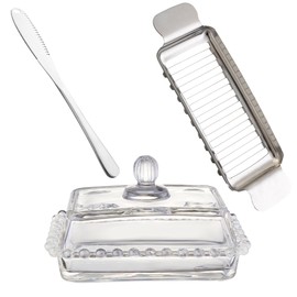 ‌Clear Glass Butter Dish with Lid - 6.7in Glsss Container Serving Butter Storage Container for Fridge (Includes Butter Knife & Cutter)