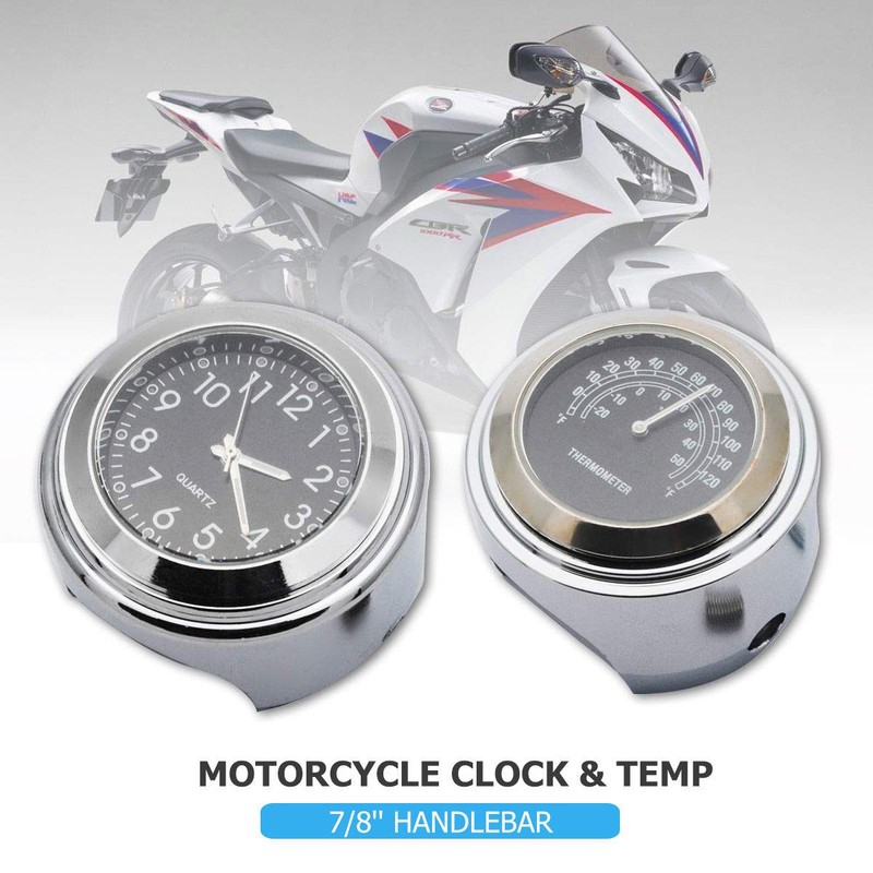 TOTMOX 2pcs 7/8 Inch Motorcycle Handlebar Clock and Thermometer Universal