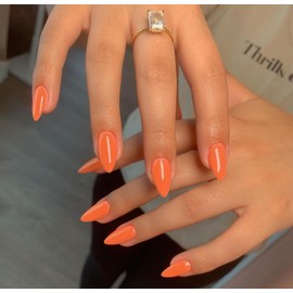 KQueenest Orange Press on Nails Short Almond, 30 Pcs Thick Fake Nails Short, Bright Solid Color Acrylic Nails Press on, Natural Fit Short Almond Nails Glue on, Reusable Stick on Nails For Women