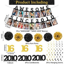 Awesome Since 2010 Photo Banner, Black Gold Sweet 16 Party Decor Set