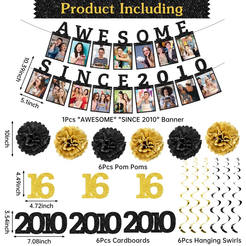 Awesome Since 2010 Photo Banner, Black Gold Sweet 16 Party