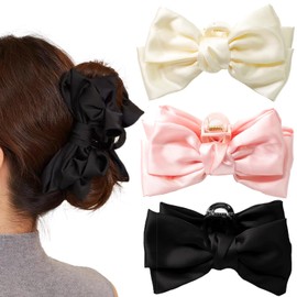 3 PCS Large Bow Hair Claw Clips Satin Bow Claw Clip for Women Girl with Long Thick Hair 5.9 inch Elegant Hair Ribbon Design for all types Big (Black+White+Pink)