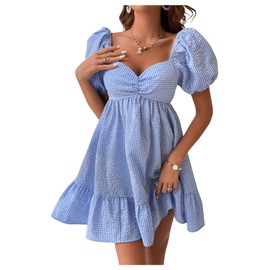 WDIRARA Women's Gingham Mini Summer Dresses Sweetheart Neck Short Puff Sleeve Plaid Ruffle Babydoll Dress Blue and White Medium