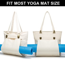 KUAK Yoga Mat Bag for Women, Canvas Yoga Bags and Carriers, Gym Bag with Adjustable Yoga Mat Holder, 2 Pockets, Carryall Tote Fits Most Size Mats for Pilates and Workout, Beige