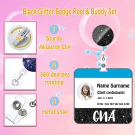 ANDGING CNA Badge Buddy and Reel Set - Black Horizontal Card Holder, Acrylic Glitter Buddies, Retractable Medical ID Reel - Nurse Bling Cards, Nursing Gifts PL52DL58