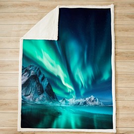 Galaxy Aurora Theme Plush Blanket Starry Sky Aurora Fleece Throw Blanket for Couch Bed Sofa Mountain Landscape Sherpa Blanket Ultra Soft Decor Iceland Scenery Fuzzy Blanket Throw 50"x60"