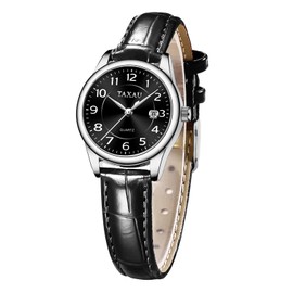 Taxau Leather Bracelet Women's Watch Business Casual Fashion Luxury Women's Watch with Date Display Sophisticated Women's Watch Waterproof Quartz Movement Women Watch, Black leather strap black