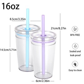 Yisituo 2 Pack 450ml Clear Plastic Iced Coffee Travel Cups, Reusable with Lids and Straws, for Cold Hot Beverages (2, Purple, Blue)