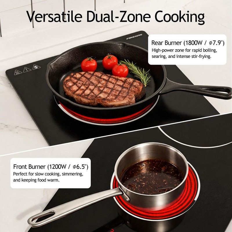 FIREGAS 12 Inch Built-in Electric Cooktop, 2 Burner 3000W, Hardwired