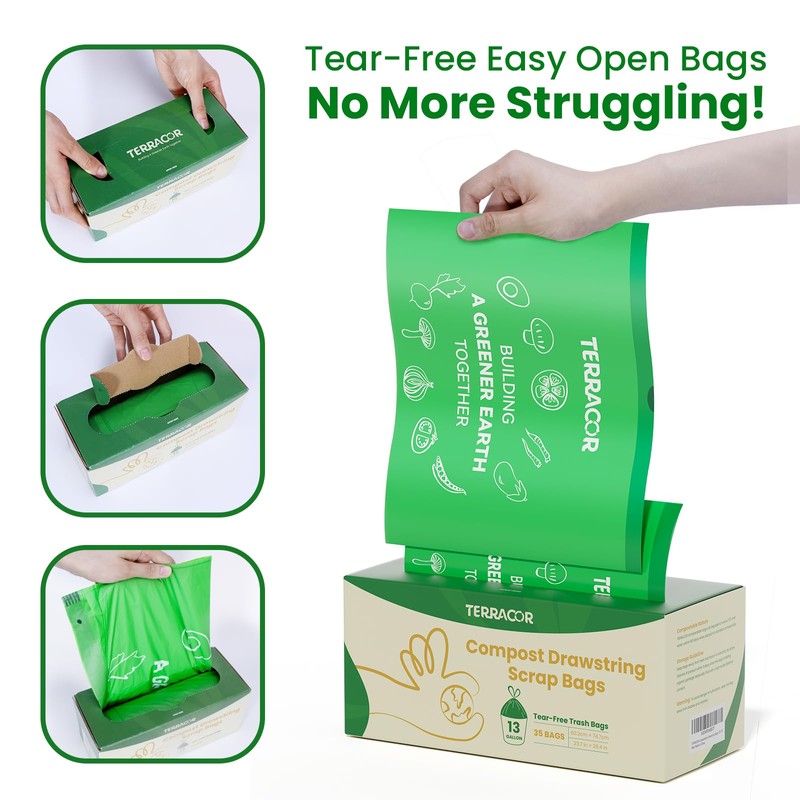 TERRACOR 13 Gallon Compostable Trash Bags Drawstring, Heavy Duty Extra